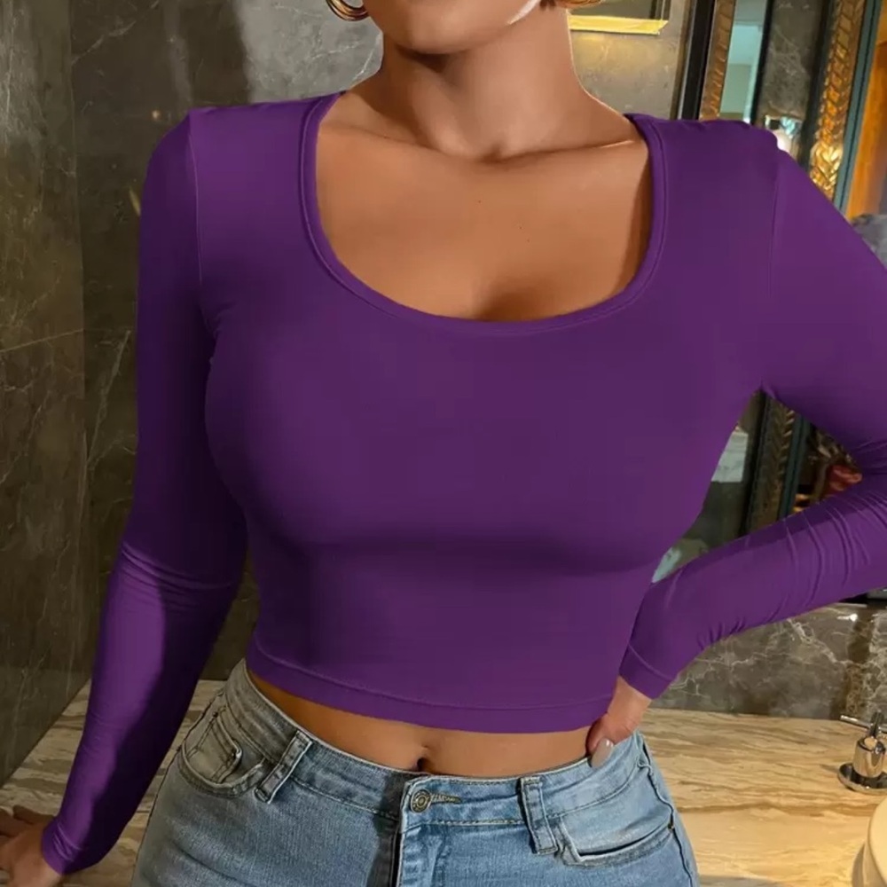 SHEIN Purple Scoop Neck Long Sleeve Crop Top